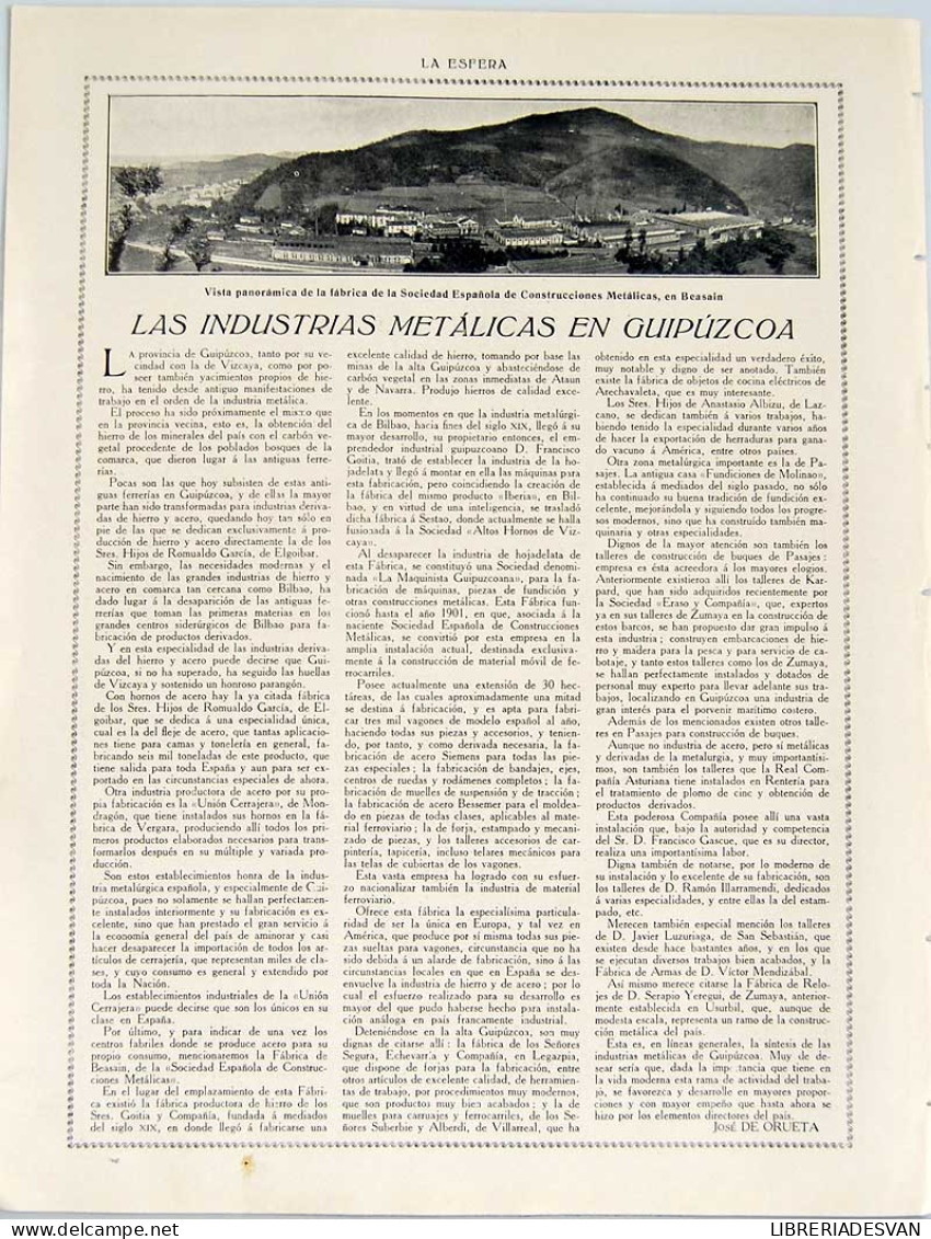 Recorte Revista La Esfera 1916. Las Industrias Metálicas En Guipúzcoa - José De Orueta - Sin Clasificación
