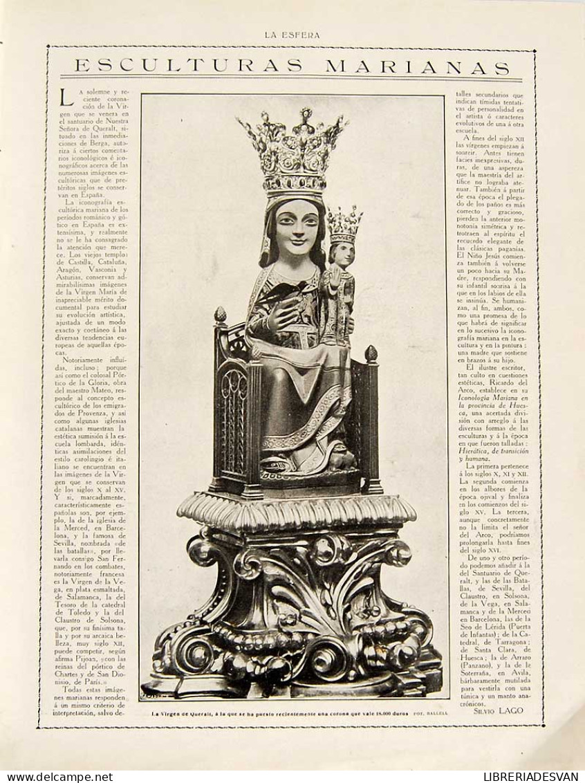 Recorte Revista La Esfera 1916. Esculturas Marianas. Virgen De Queralt - Silvio Lago - Ohne Zuordnung
