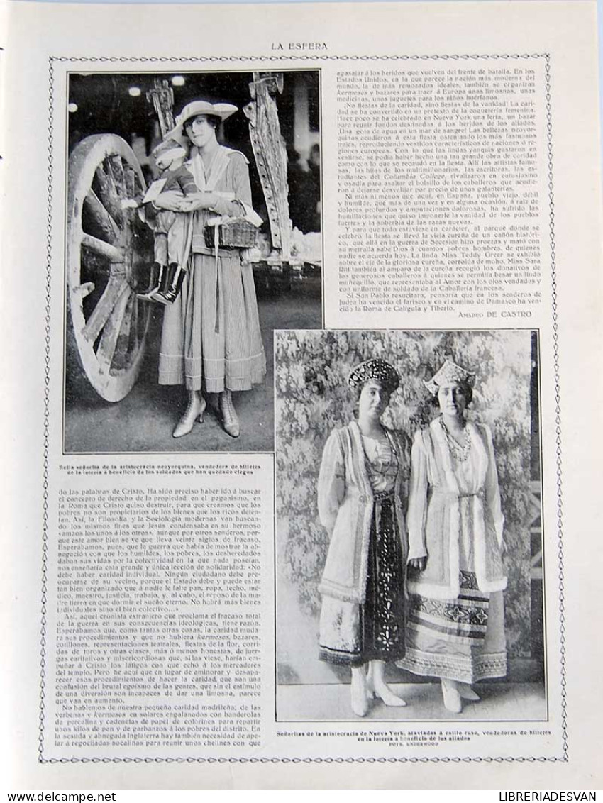 Recorte Revista La Esfera 1916. Fiestas De Caridad Y Vanidad. Acción Social De La Mujer - Amadeo De Castro - Sin Clasificación