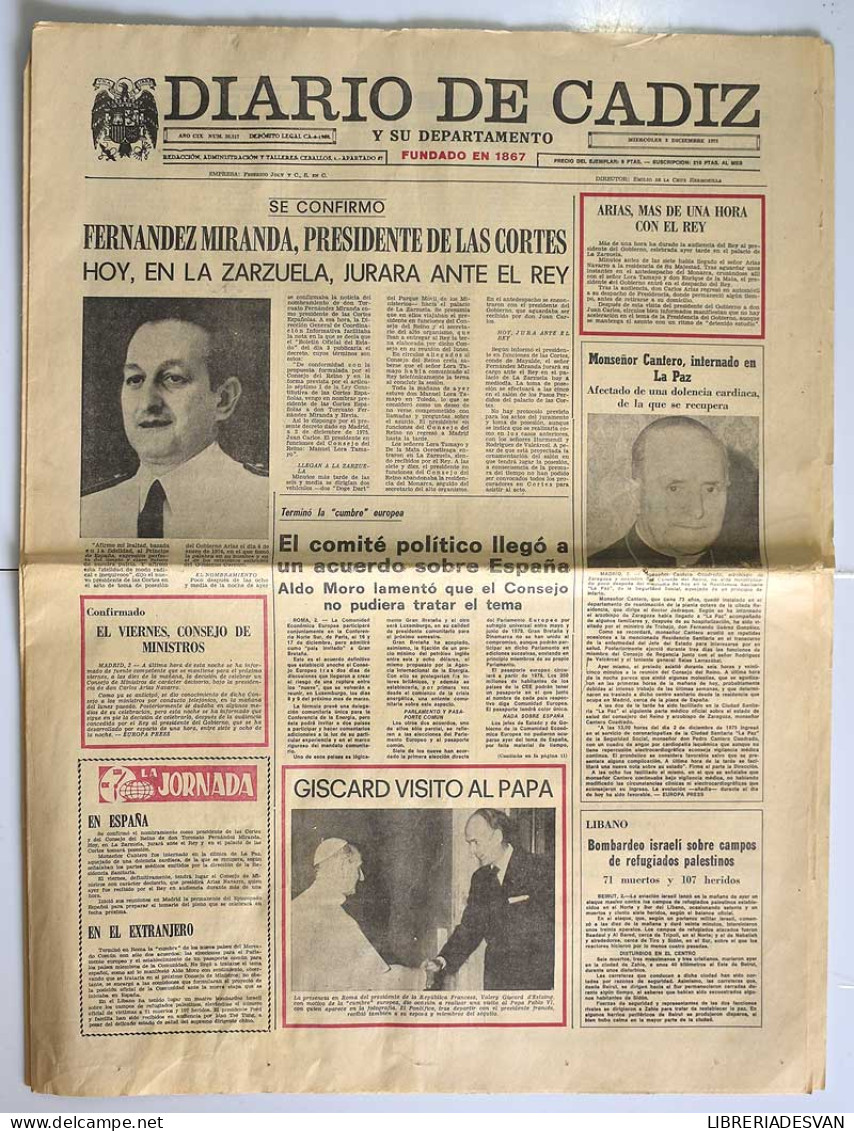 Diario De Cádiz, Miércoles 3 De Diciembre De 1975. Fernández Miranda - Zonder Classificatie