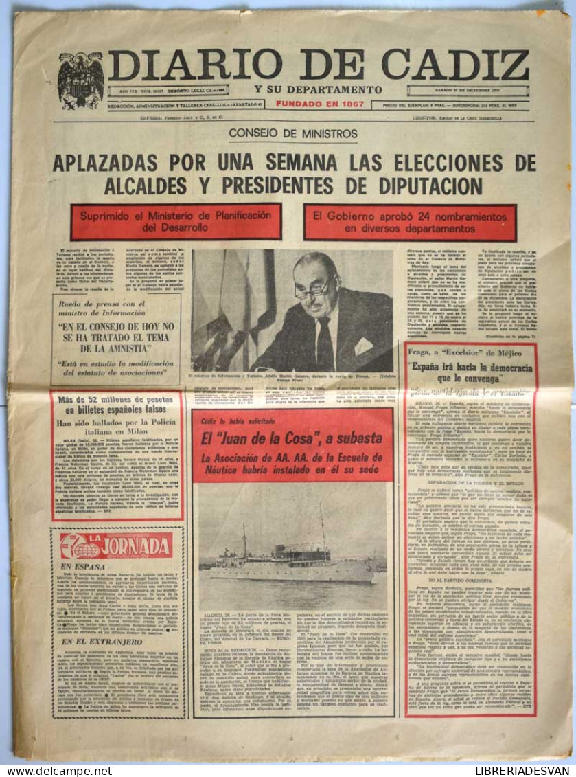 Diario De Cádiz, Sábado 27 De Diciembre De 1975. Consejo De Ministros - Zonder Classificatie