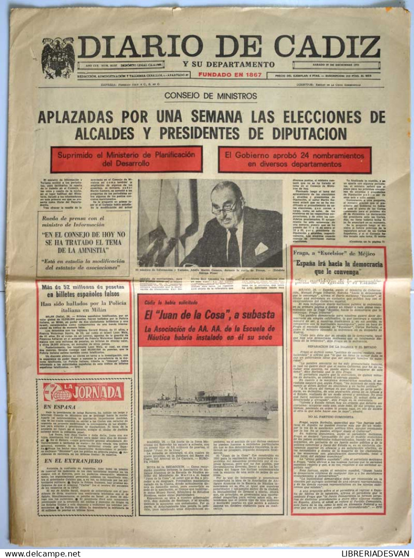 Diario De Cádiz, Sábado 27 De Diciembre De 1975. Consejo De Ministros - Sin Clasificación