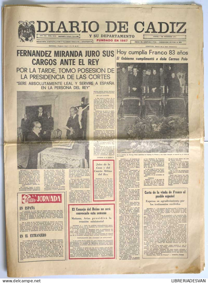 Diario De Cádiz, Jueves 4 De Diciembre De 1975. Fernández Miranda - Ohne Zuordnung