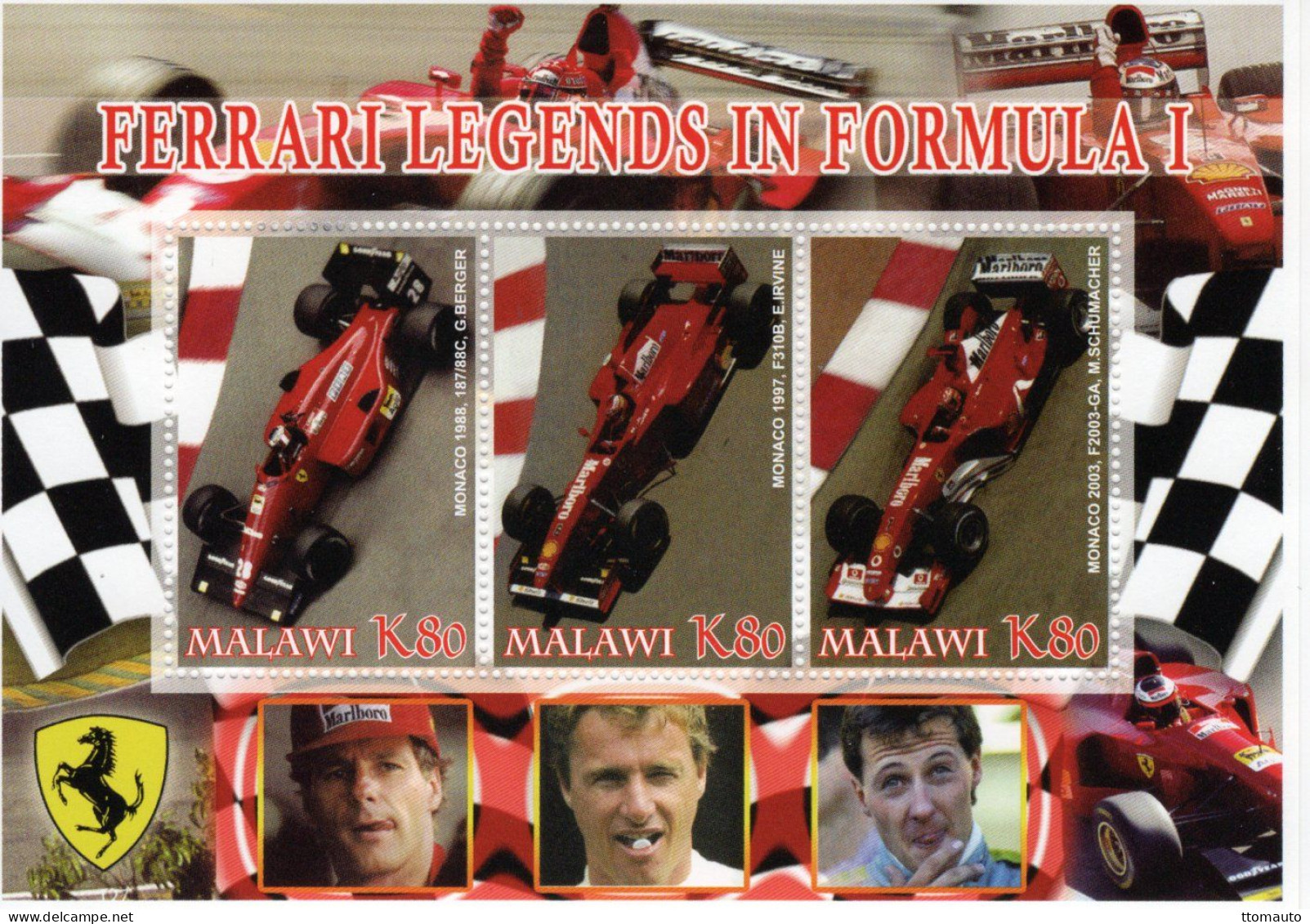 Malawi - FERRARI Legends In Formula 1 - Schumacher-Irvine-Berger - 3v Sheet -  MNH/Mint/Neuf - Auto's