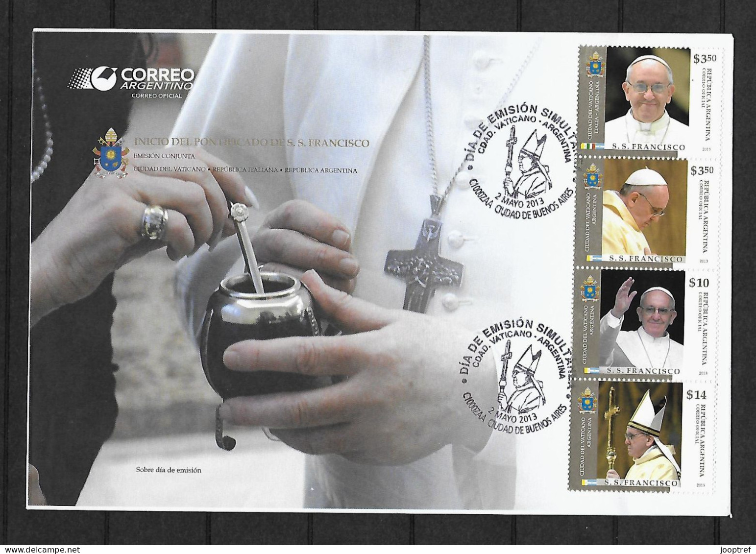 2013 Joint/Congiunta Argentina - Italy - Vatican, FDC ARGENTINA WITH OF 4 STAMPS: New Pope Francis - Emissions Communes