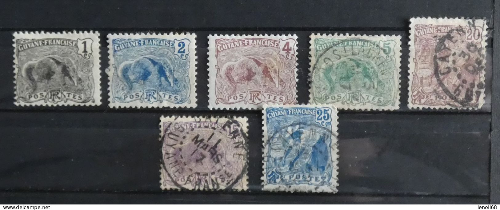 Lot De 7 Timbres Guyane Française 1904 (fourmilier 5 Timbres Et Laveur D'or 2 Timbres) - Oblitérés