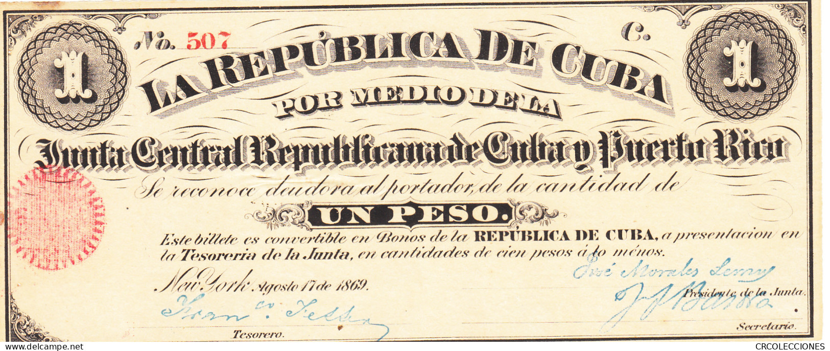 CRBX0332 BILLETE CUBA 1 PESO 1869 MUY RARO MBC+ - Other - America