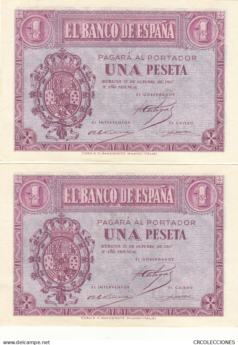 CRBS0959 PAREJA CORRELATIVA BILLETES ESPAÑA 1 PESETA 1937 SERIE E SIN CIRCULAR - Otros & Sin Clasificación