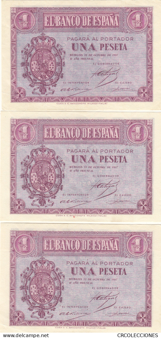 CRBS0961 TRIO CORRELATIVO BILLETES ESPAÑA 1 PESETA 1937 SERIE E SIN CIRCULAR - Otros & Sin Clasificación