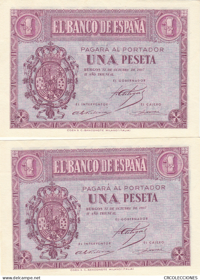 CRBS0958 PAREJA CORRELATIVA BILLETES ESPAÑA 1 PESETA 1937 SERIE E SIN CIRCULAR - Otros & Sin Clasificación