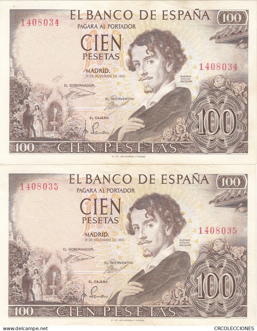 CRBS0966 PAREJA CORRELATIVA BILLETES ESPAÑA 100 PESETAS 1965 SIN SERIE - Autres & Non Classés