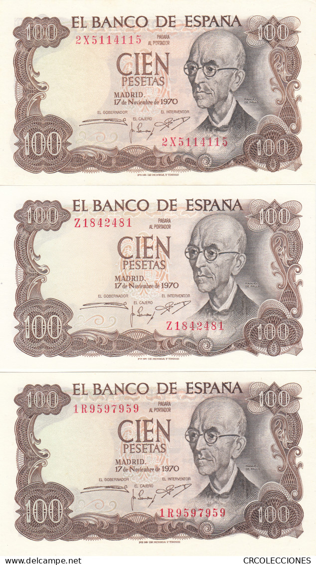 CRBP0011 TRIO  BILLETES ESPAÑA 100 PESETAS 1970 CAPICUA LOS TRES SIN CIRCULAR - Otros & Sin Clasificación