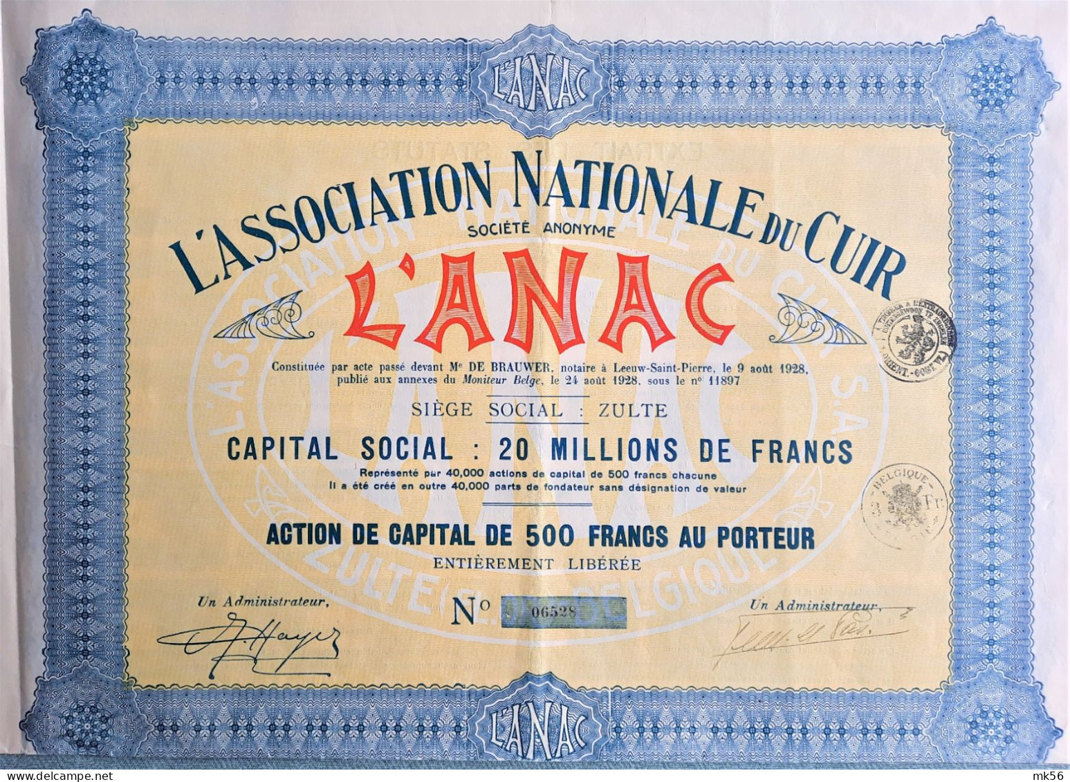 L'association Nationale Du Cuir - L'Anac - Zulte - 1928 - Action De Capital - Textil