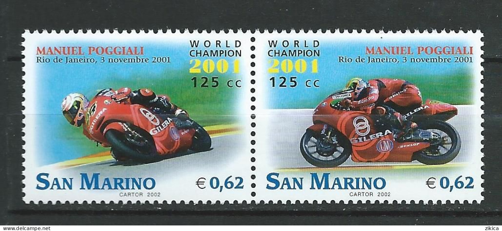 San Marino - 2002 Manuel Poggiali World Champion - Motorcycle Race 125cc Class, Rio De Janeiro 2001.  MNH** - Unused Stamps