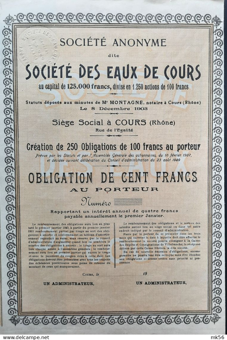 Société Des Eaux De Cours - Obligation De 100 Francs - 1903 - (Rhône) - Acqua