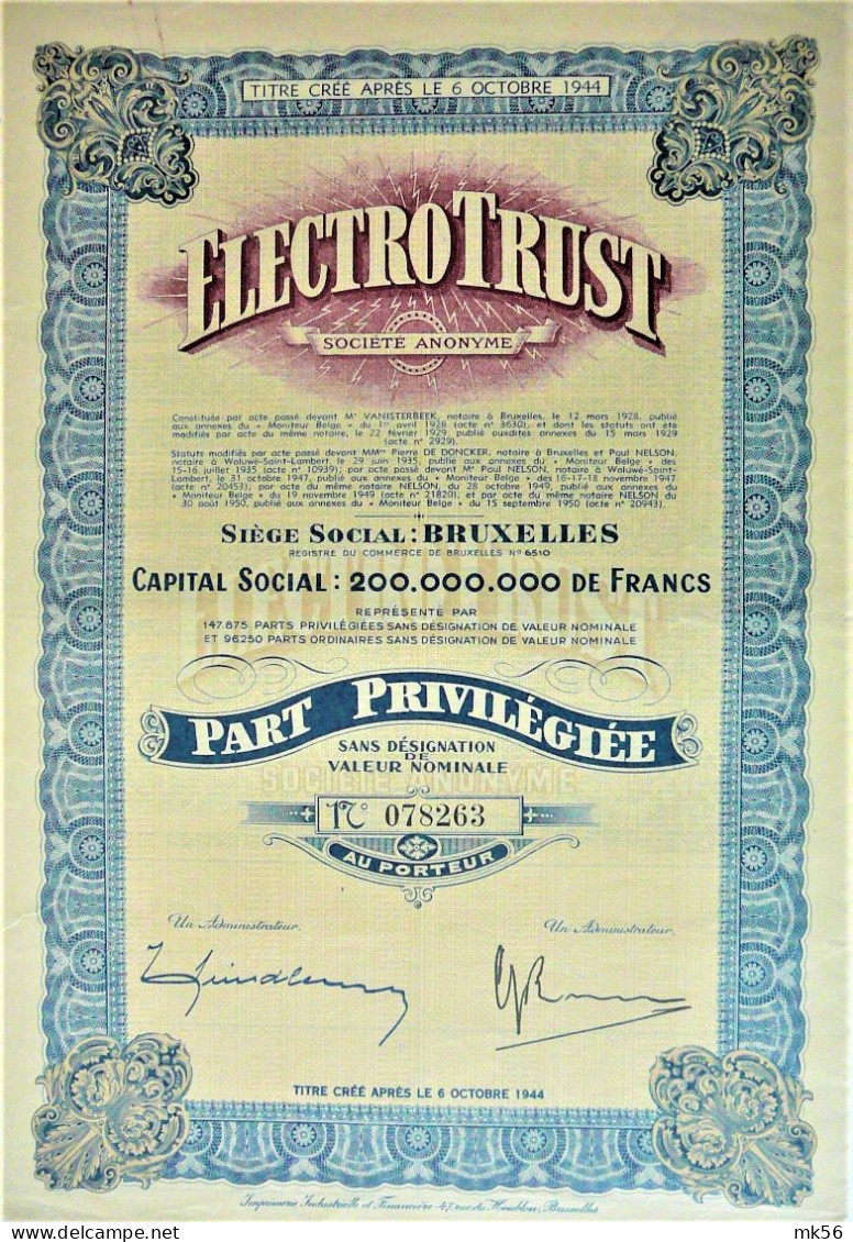 Electrotrust - Part Ordinaire ( Bruxelles) - 1950 - Elektrizität & Gas