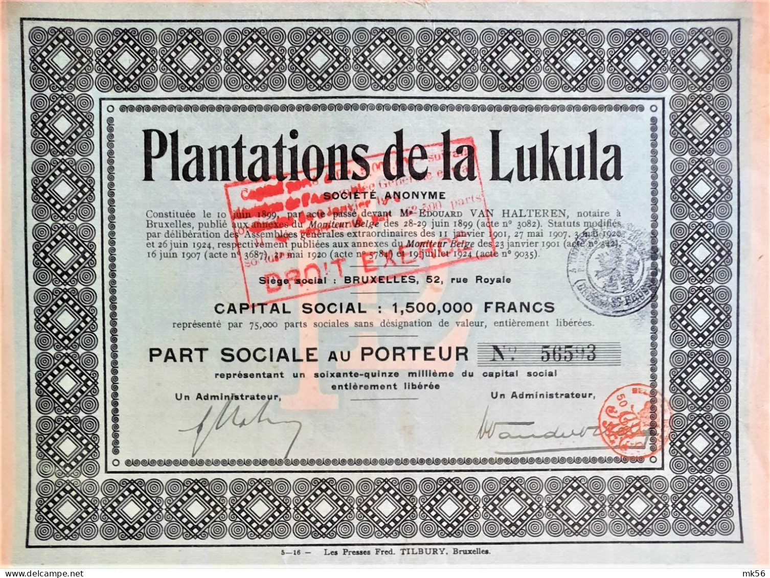 Plantations De La Lukula - Part Sociale Au Porteur (1924) - Afrika