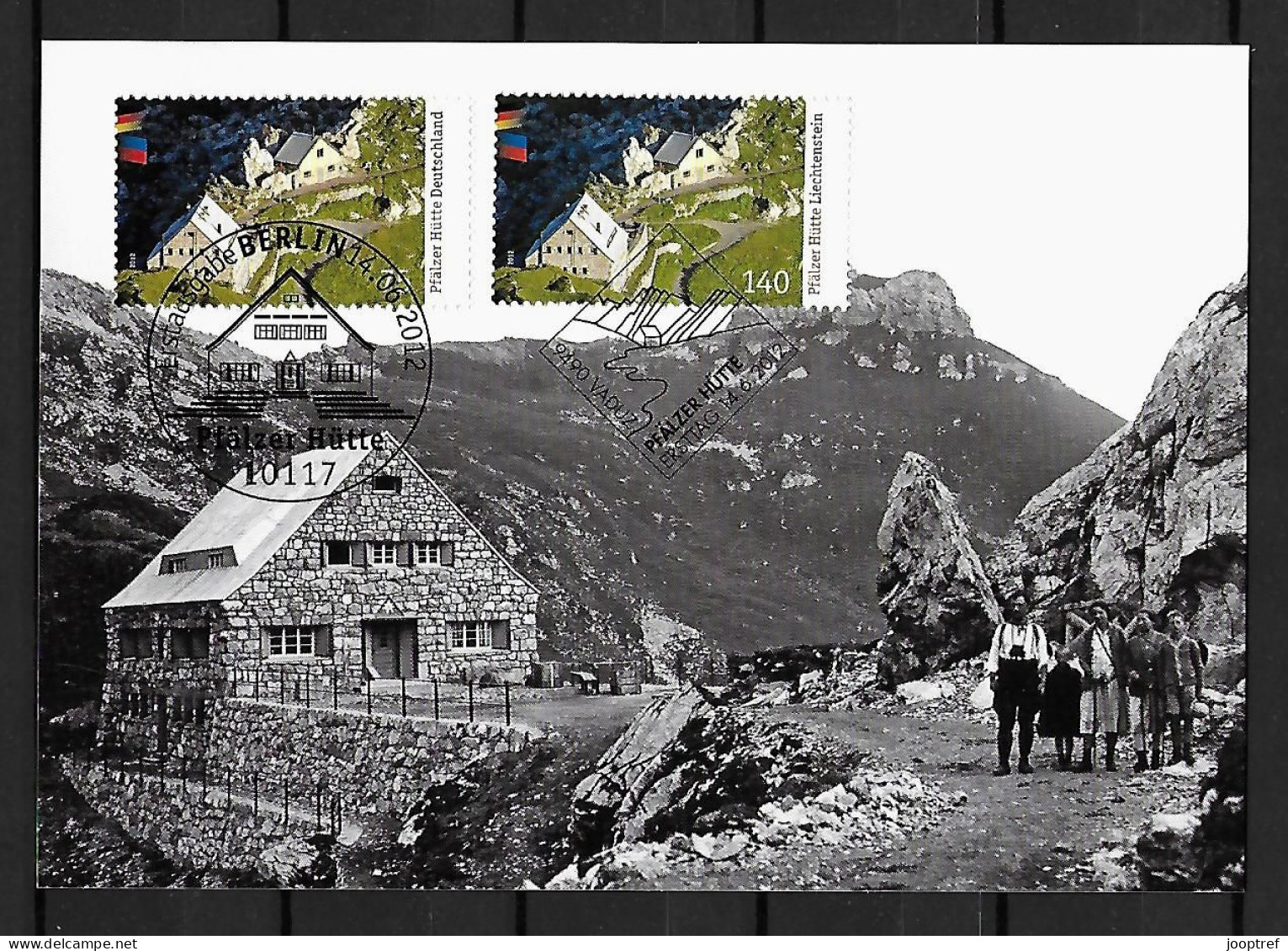 2012 Joint / Gemeinschaftsausgabe Liechtenstein And Germany, MIXED FDC MAXIMUM CARD WITH BOTH STAMPS: Pfälzer Hütte - Emissions Communes