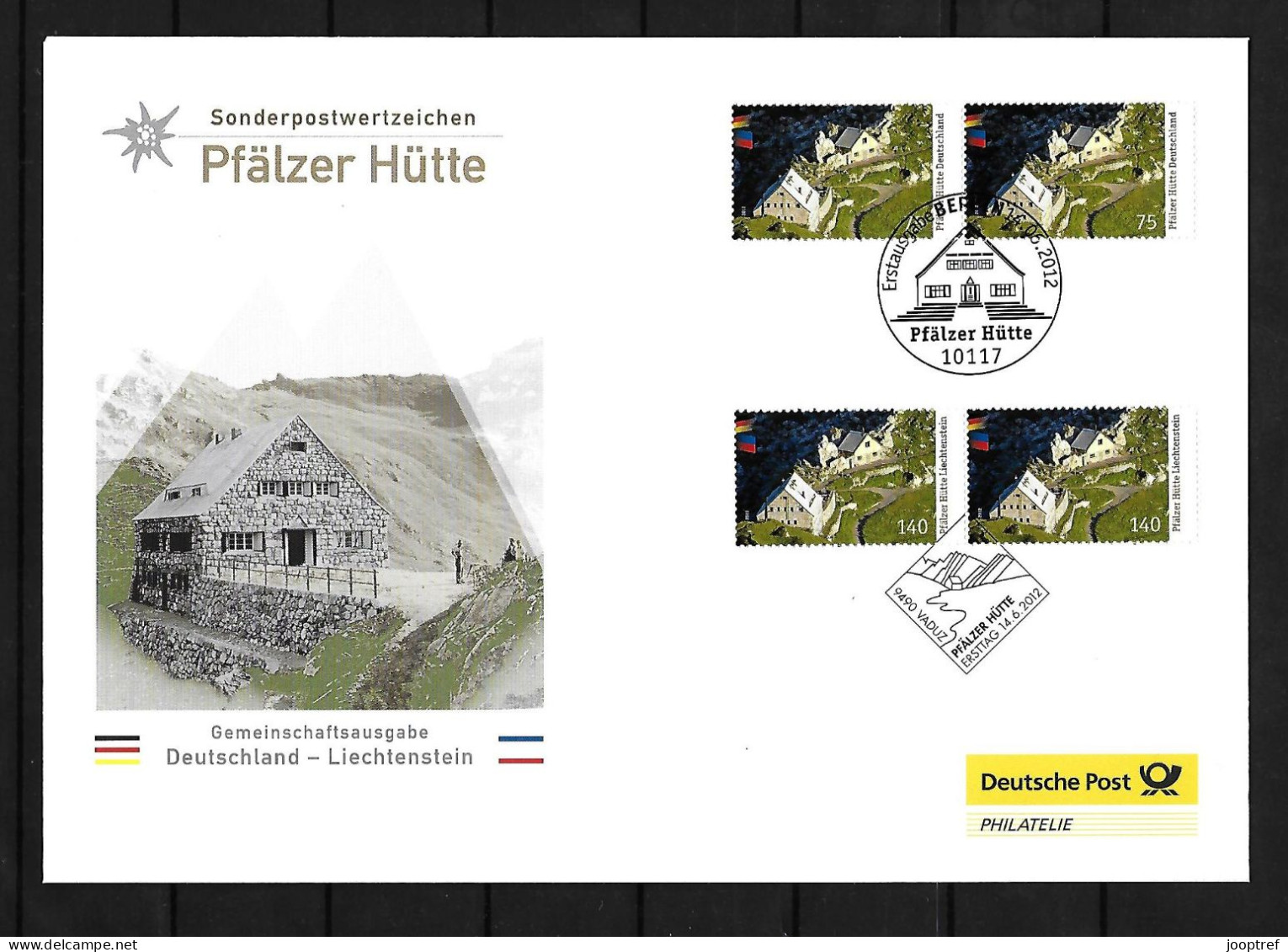 2012 Joint/Gemeinschaftsausgabe Germany And Liechtenstein, MIXED LUXURY FDC 2x2 STAMPS: Pfälzer Hütte - Emissions Communes