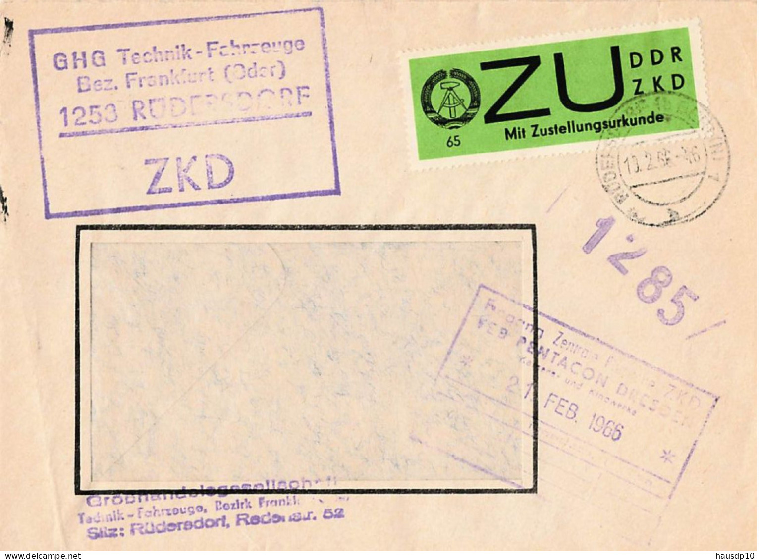 DDR Brief ZKD ZU GHG Technik FAhrzeuge Rüdersdorf 1966 - Central Mail Service