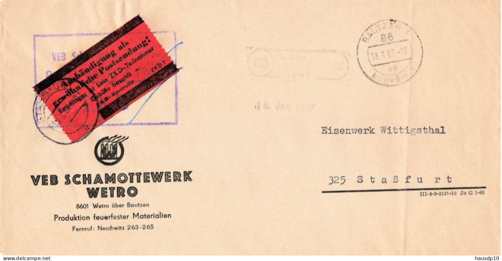 DDR Brief ZKD Gewöhn. Postdsendung VEB Schamottwerk Wetro 1967 Bautzen - Central Mail Service