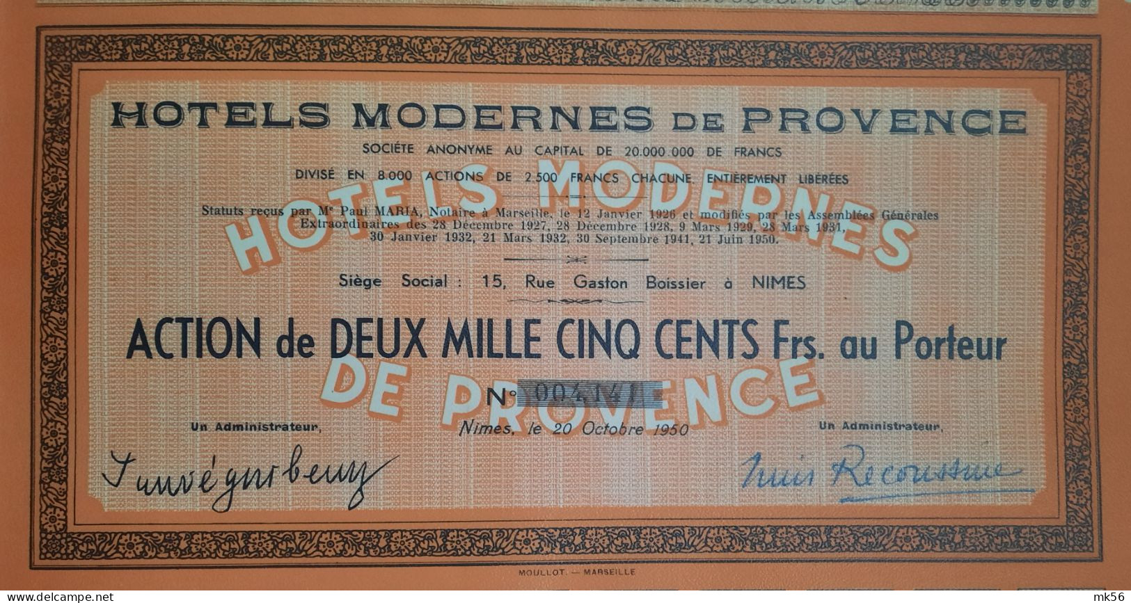 Hotels Modernes De Provence - Nimes - 1950 - Action De 2500 Francs - Tourism