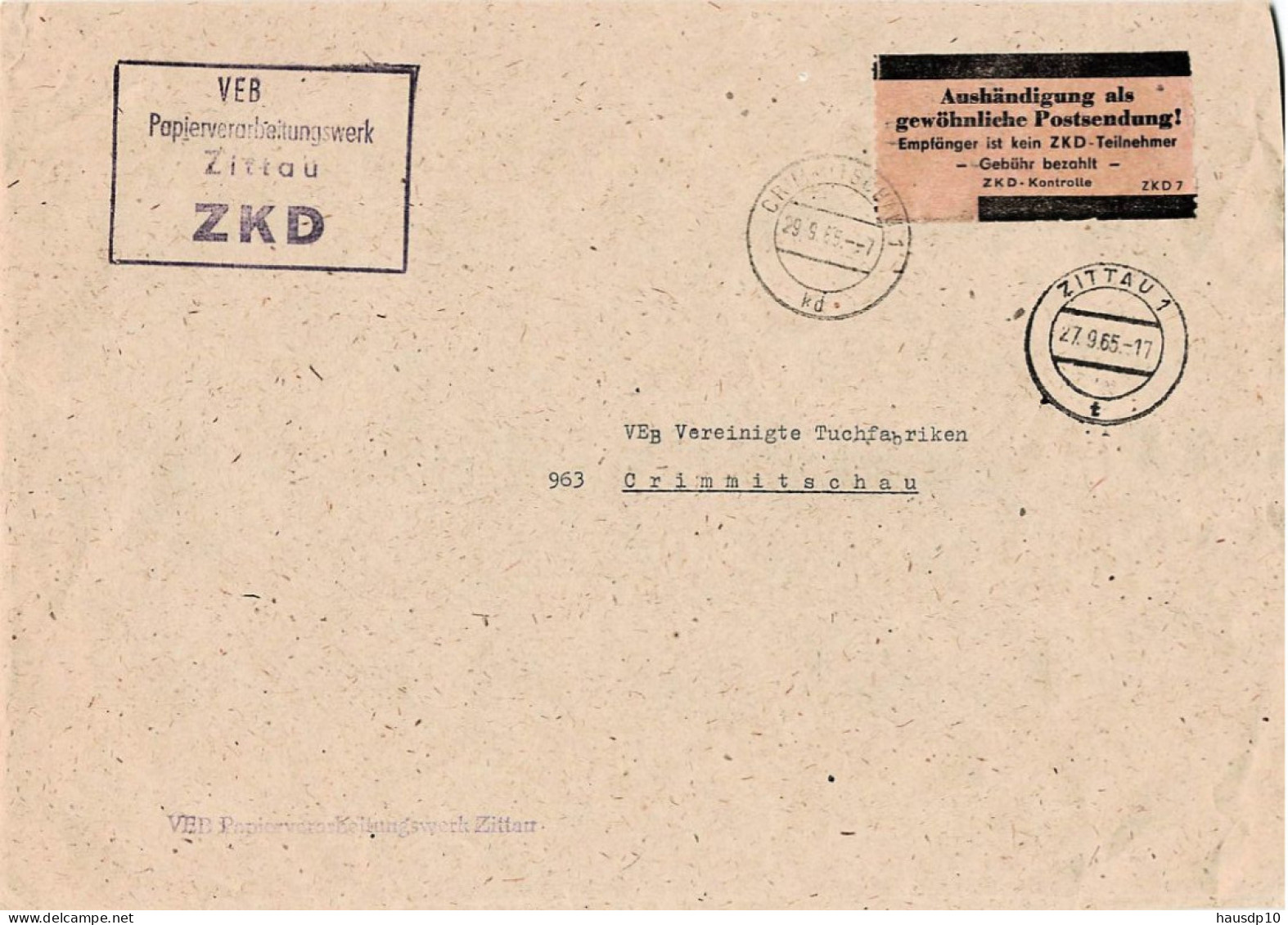 DDR Brief ZKD A5 Gewöhn. Postsendung VEB Papierverarbeitungswerk Zittau 1965 - Service Central De Courrier