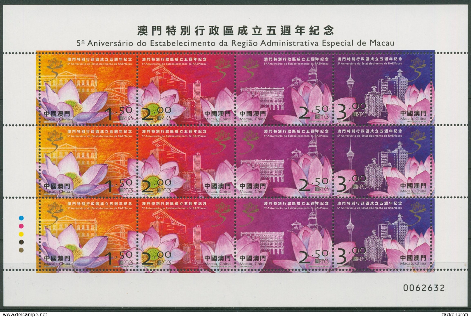 Macau 2004 Lotosblüten 1362/65 ZD-Bogen Postfrisch (C40000) - Blocks & Sheetlets