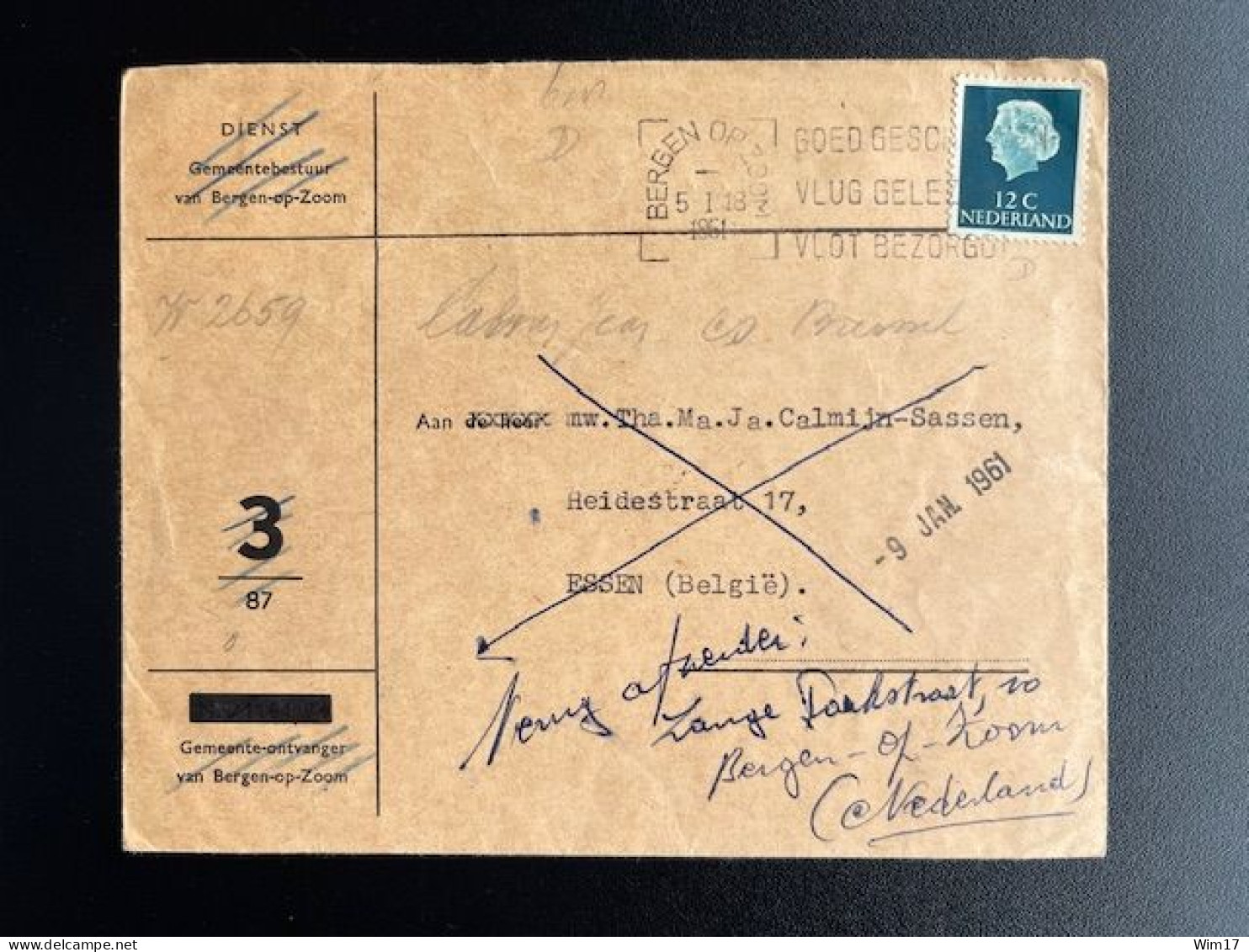 NETHERLANDS 1961 LETTER BERGEN OP ZOOM TO ESSEN BELGIUM 05-01-1961 NEDERLAND POSTAL REMARK - Covers & Documents