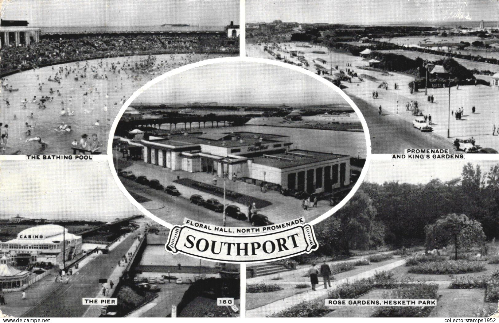 SOUTHPORT, LANCASHIRE, MULTIPLE VIEWS, ARCHITECTURE, POOL, PARK, GARDENS, CARS, ENGLAND, UNITED KINGDOM, POSTCARD - Southport