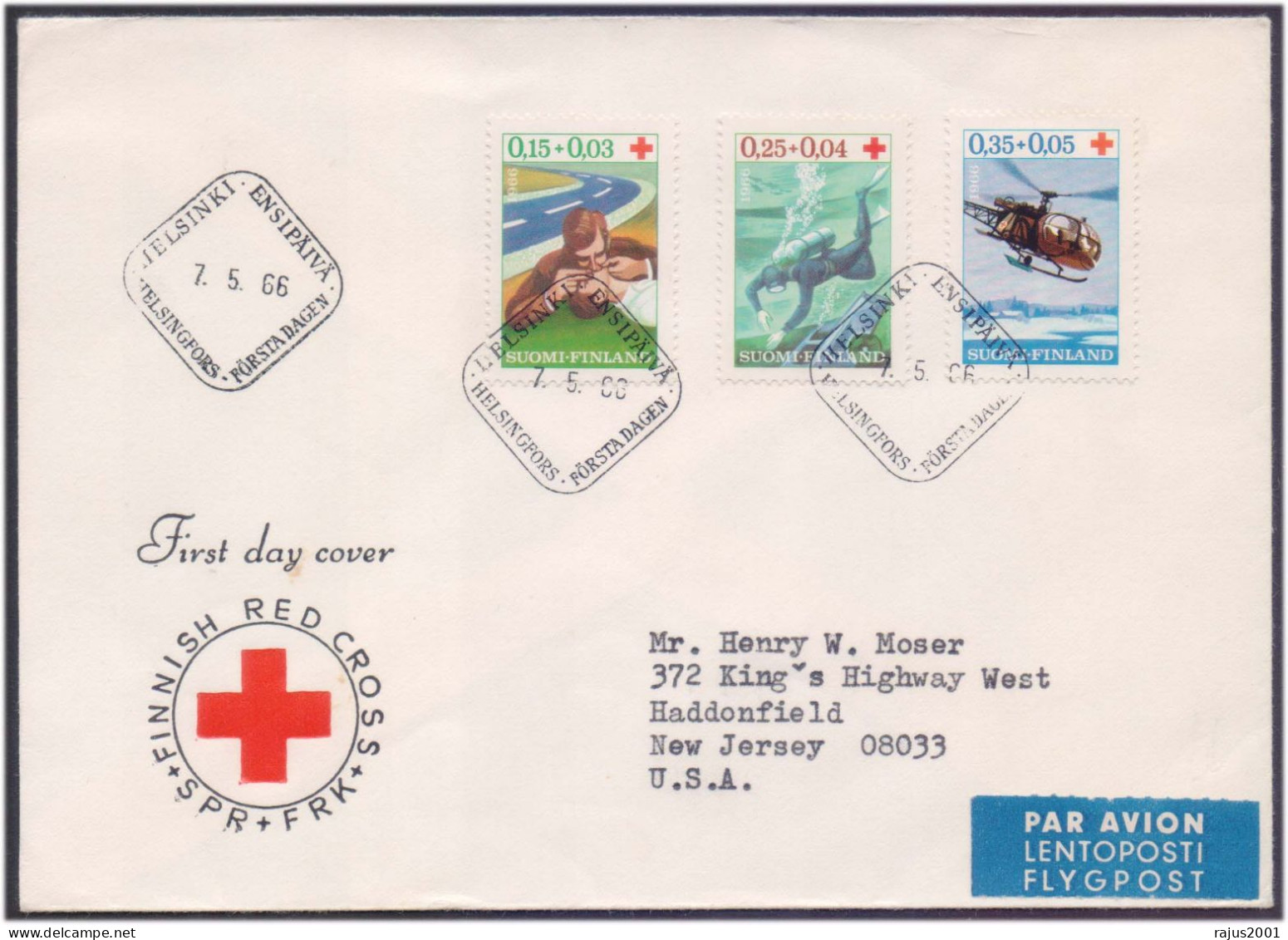 Finnish Red Cross, Scuba Diver, Scuba Diving, Rescue Team, Helicopter, Health, Medical, Finland FDC 1966 - Diving