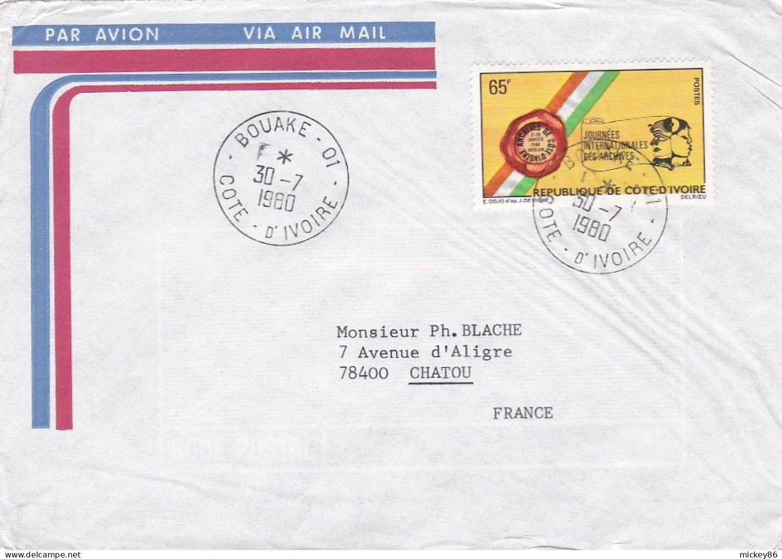 Côte D'Ivoire -1980--Lettre De BOUAKE Pour CHATOU-78 (France) Timbre Journée Inter Archives Seul Sur Lettre..cachet - Côte D'Ivoire (1960-...)