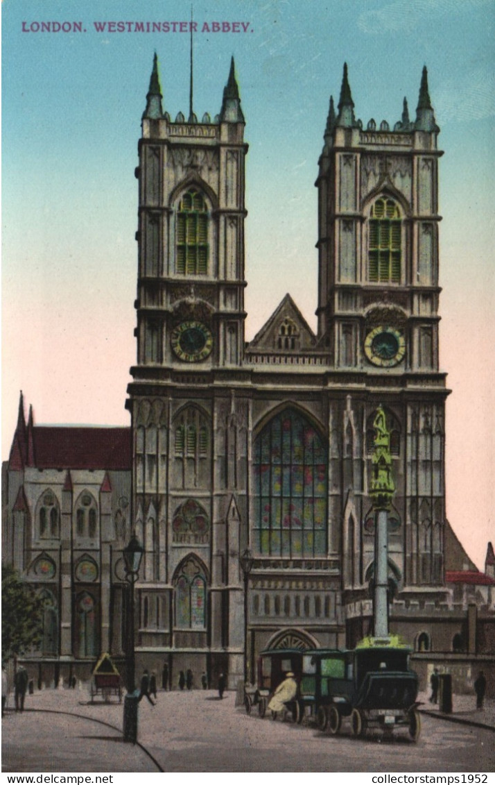 LONDON, WESTMINSTER ABBEY, ARCHITECTURE, CARS, MONUMENT, STATUE, ENGLAND, UNITED KINGDOM, POSTCARD - Westminster Abbey