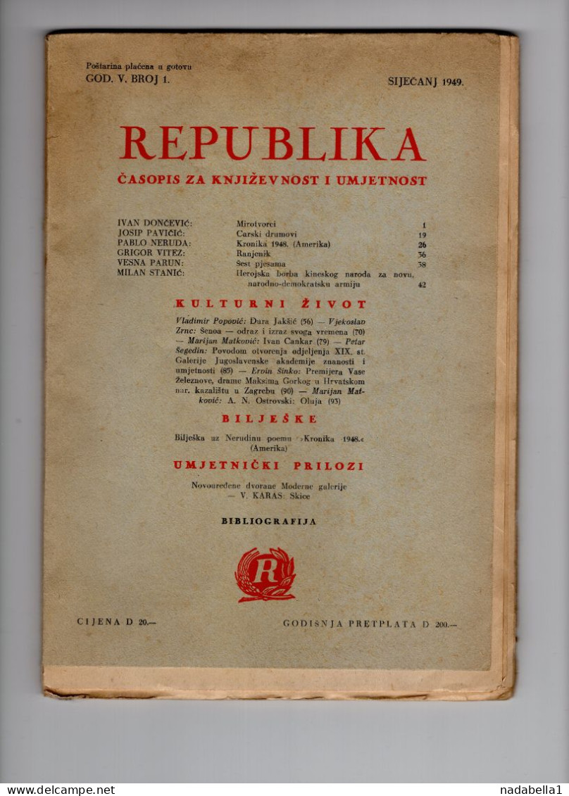 1949. YUGOSLAVIA,CROATIA,ZAGREB,REPUBLICA,LITERATURE AND ART MAGAZINE,103 PAGES - Idiomas Eslavos