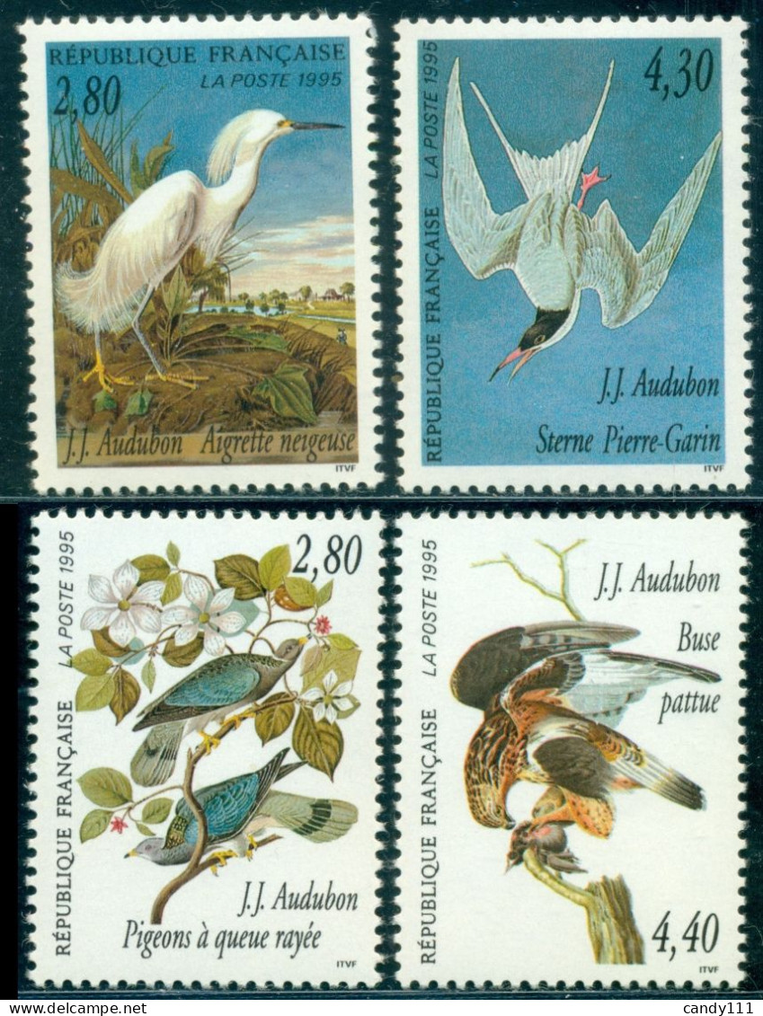 1995 Bird Drawings,Audubon,egret.pigeon,tern,buzzard,France,3072 ,MNH - Kraanvogels En Kraanvogelachtigen