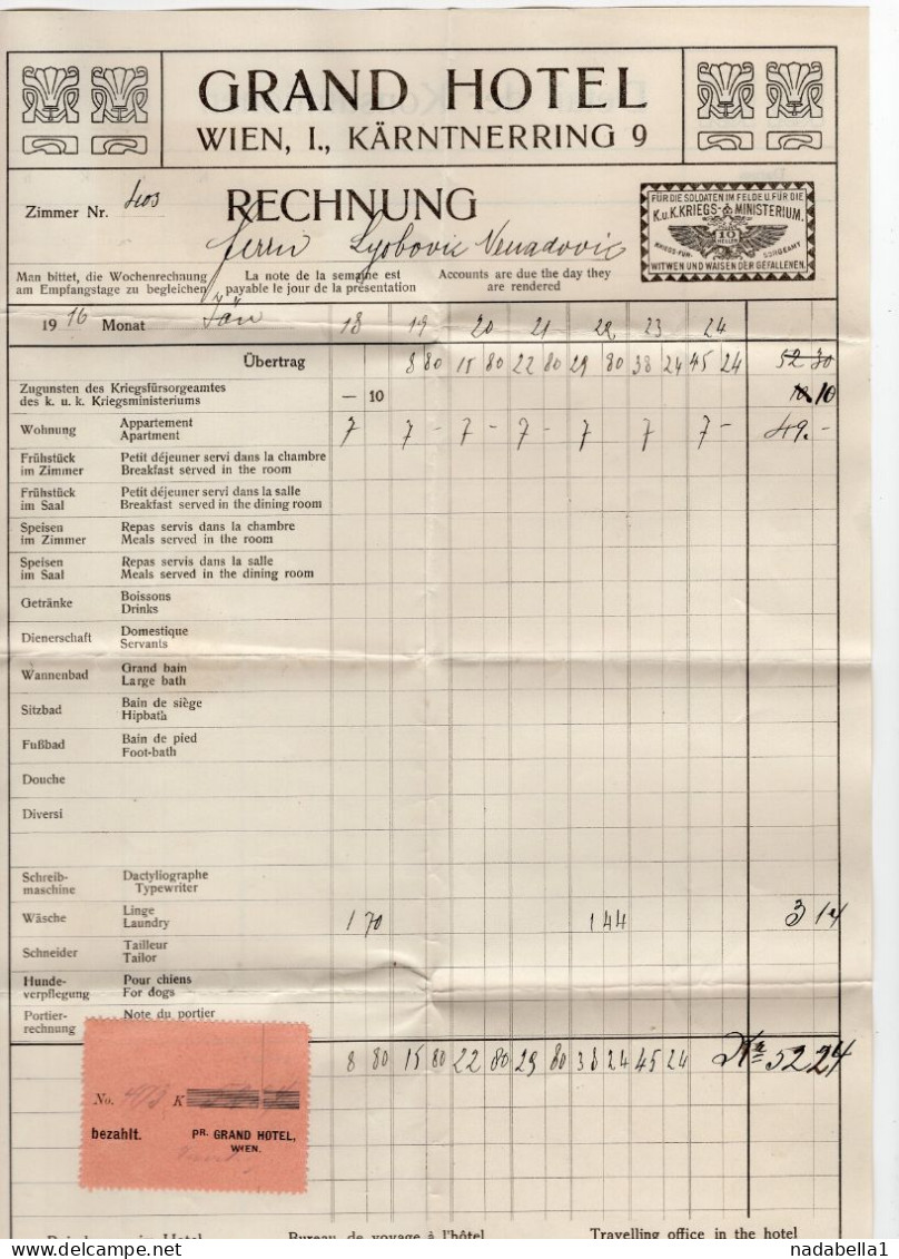 1916. WWI VIENNA,GRAND HOTEL,INVOICE ON COMPANY'S LETTERHEAD - Oostenrijk