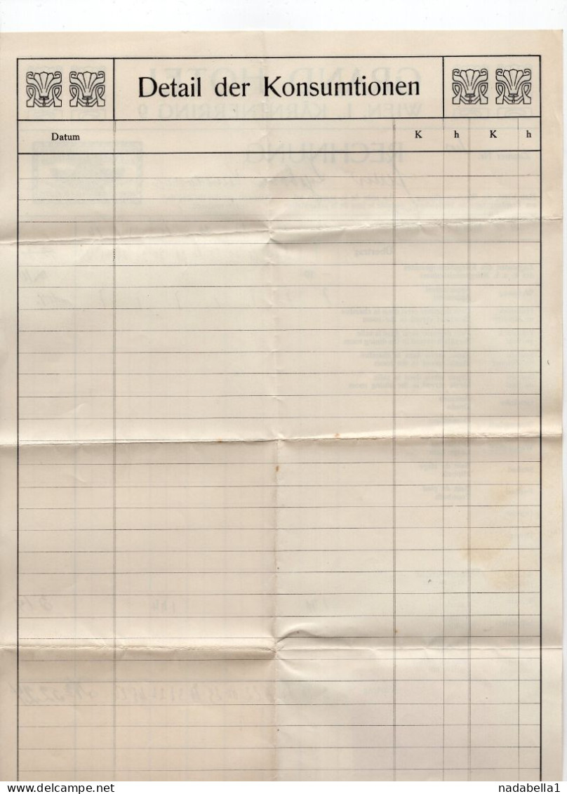 1916. WWI VIENNA,GRAND HOTEL,INVOICE ON COMPANY'S LETTERHEAD - Oostenrijk