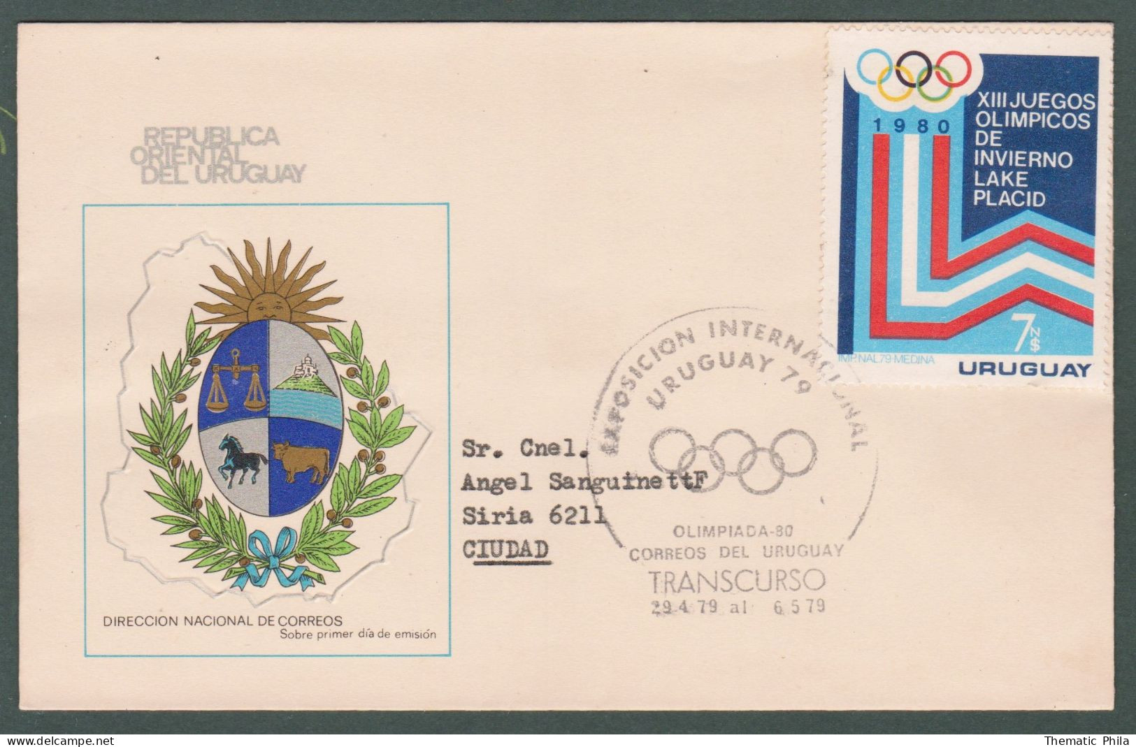 1979 URUGUAY Special Postmark Transcurso Expo International Olympic Games -Comité International Olympique - Winter 1980: Lake Placid