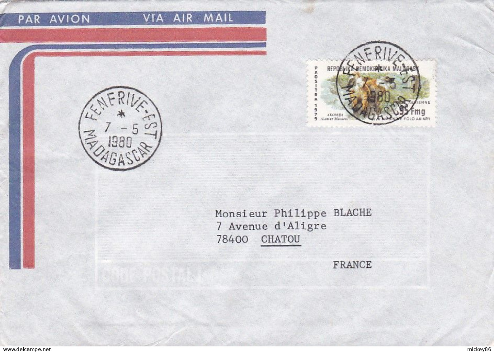 MADAGASCAR -1980--Lettre FENERIVE  Pour CHATOU--78 (France) Timbre Animal Lémurien Seul Sur Lettre..beau Cachet - Madagaskar (1960-...)