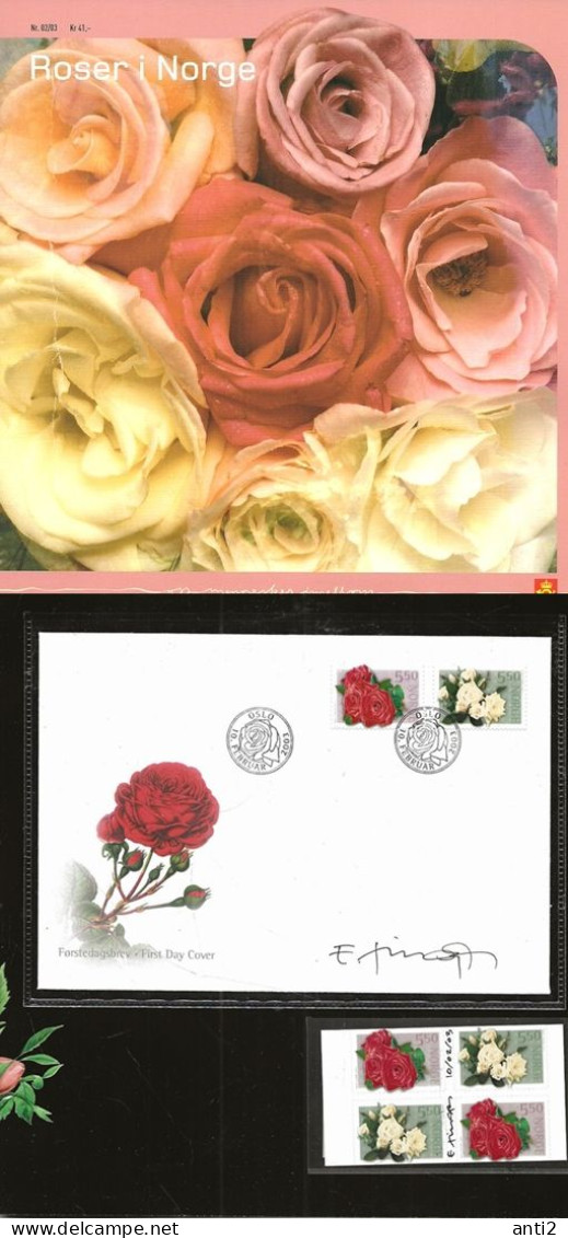 Norway 2003 Roses Mi 1455-1456 MNH Bloc And FDC Set In Folder - Sign Designer Enzo Finger - Storia Postale