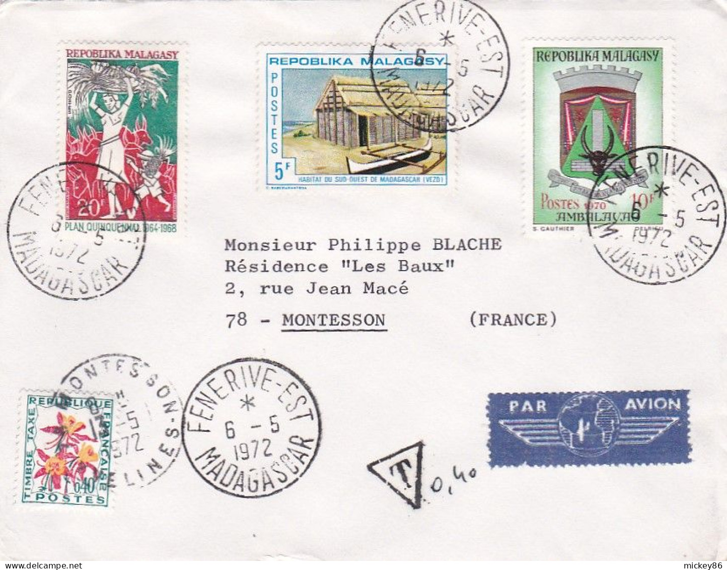 MADAGASCAR -1972--Lettre TAXEE... FENERIVE  Pour MONTESSON --78 (France) Timbres Divers Sur Lettre.. Cachet - Madagascar (1960-...)