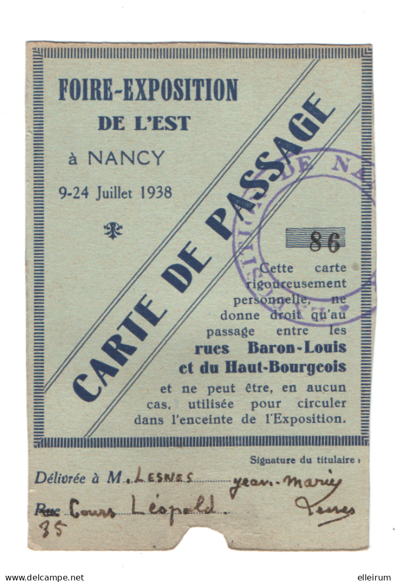 NANCY (54) FOIRE EXPOSITION De L'EST. CARTE De PASSAGE. 1938. - Biglietti D'ingresso