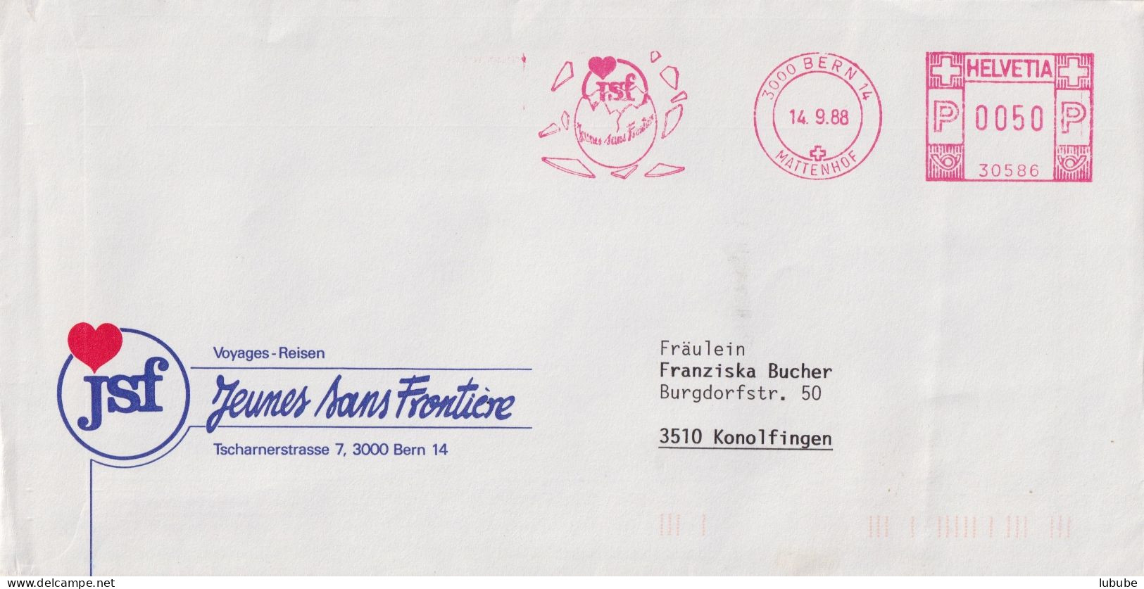 Motiv Brief  "Voyages Jeunes Sans Frontière, Bern"        1988 - Cartas & Documentos
