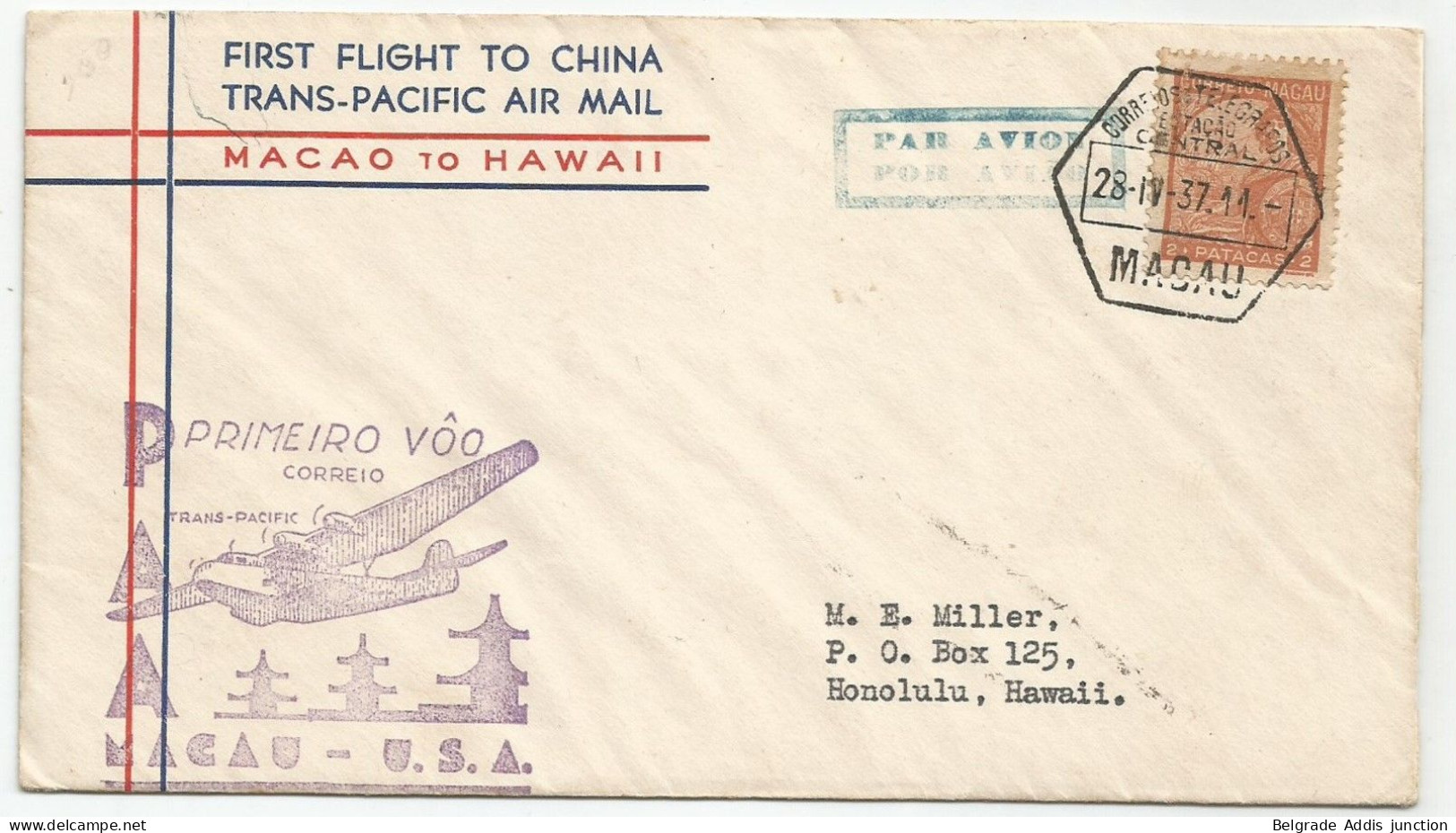 Macau Macao China First Flight Cover To Hawaii USA 1937 Honolulu - Luchtpost
