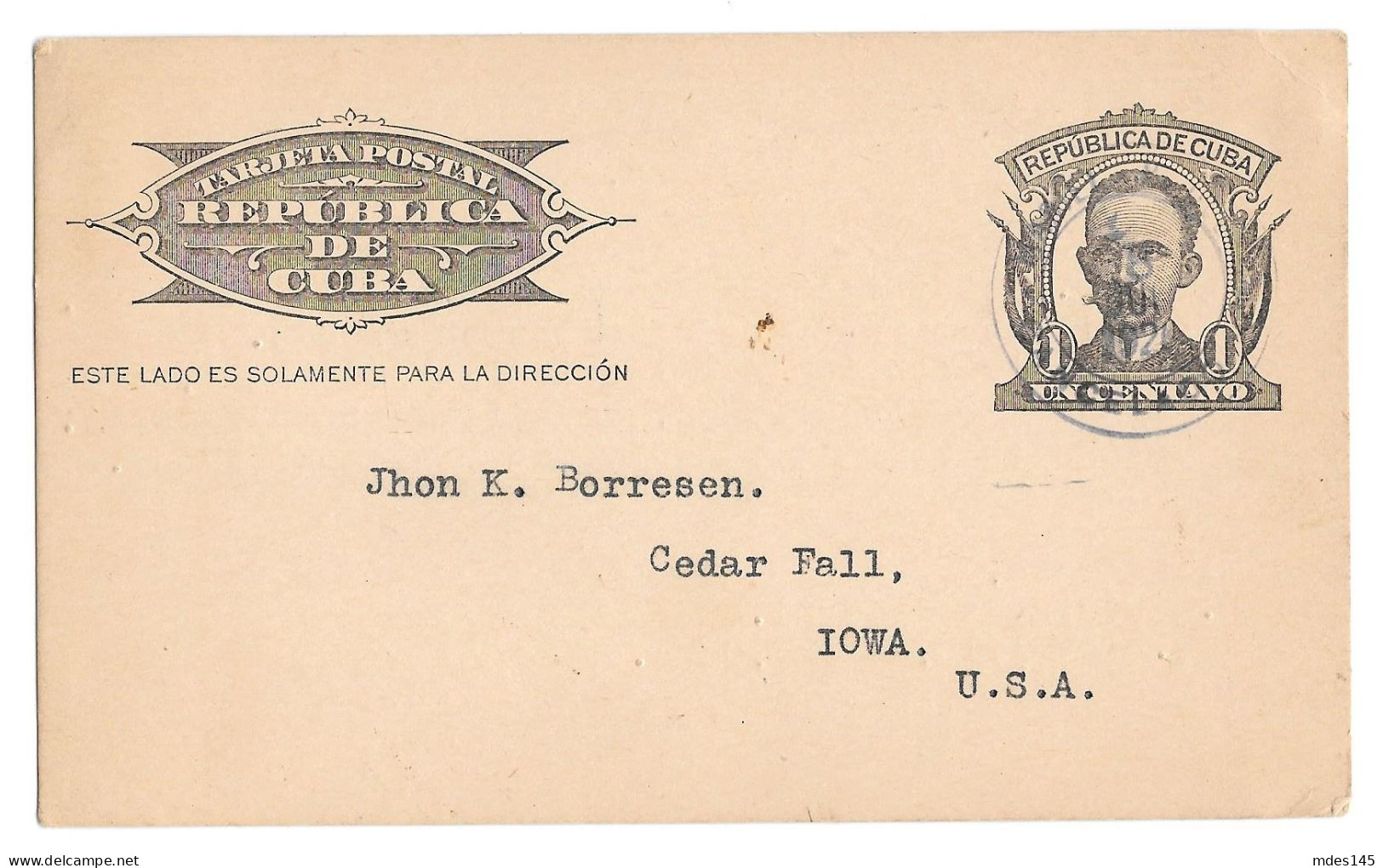 1926 Cuba Jose Marti 1c Postal Card Havana To Iowa USA Light CDS Cancel - Briefe U. Dokumente