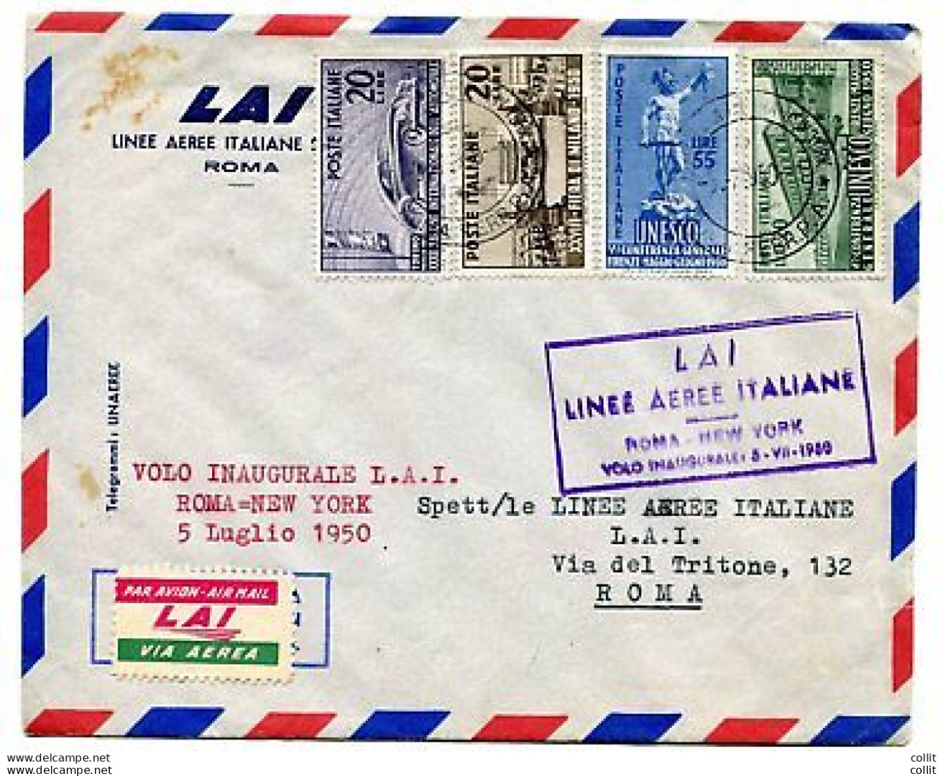 Primo Volo LAI Roma/New York Del 5.7.50 - Serie Completa Unesco - Airmail
