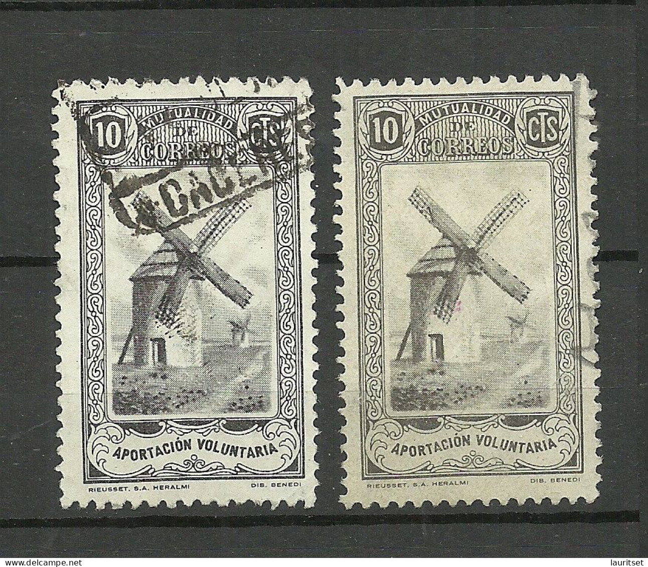 SPAIN Spanien Espana 1930ies Civil War Local Carity Wohlfahrt Wind Mill Windmühle - Color Chades, 2 Stamps, O - Windmills