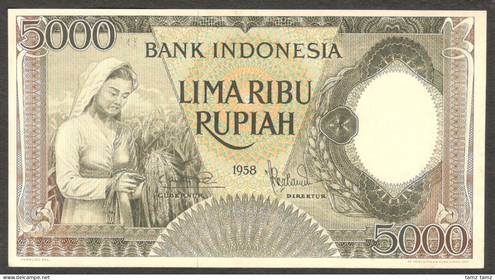 Indonesia 5000 5,000 Rupiah Woman In Ricefield P-63 1958 AUNC - Indonesia