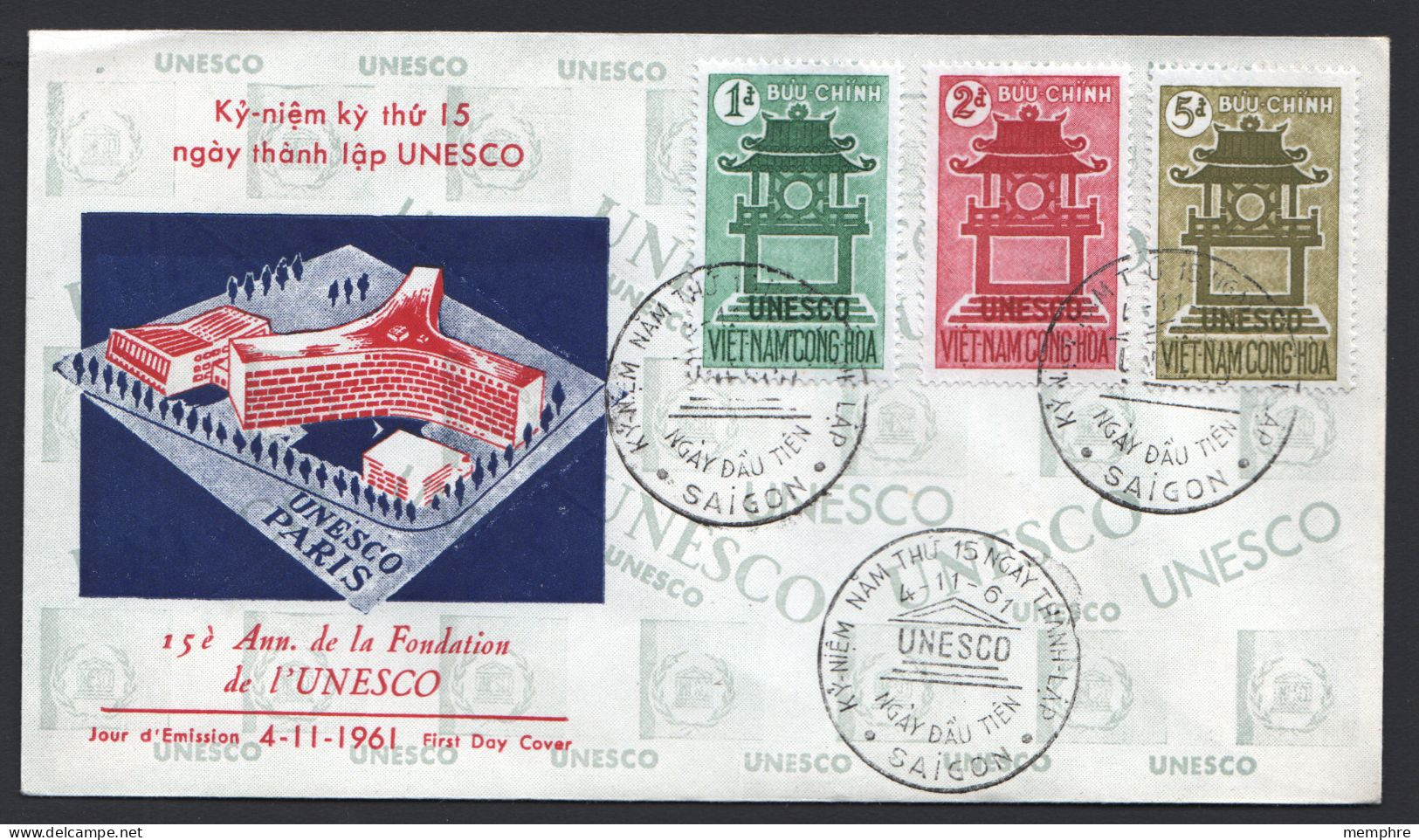 1961  UNESCO  15th Ann.  Set Of 3 On FDC  Sc 178-190 - Vietnam