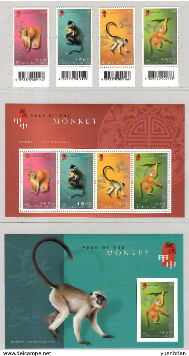 Hong Kong 2004, Monkey, Year Of The Monkeys, Set Of 4v + 2x M/S, MNH** - Affen